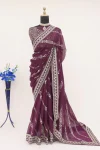 FANCY GEORGETTE CODING SEQUENCE WITH CODING SEQUENCE BORDER WITH PIPING WORK SAREE WITH UNSTITCHED BLOUSE WINE