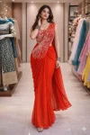 FANCY GEORGETTE EMBROIDERY SEQUENCE WORK READY TO WEAR SAREE WITH STITCHED BLOUSE ORANGE