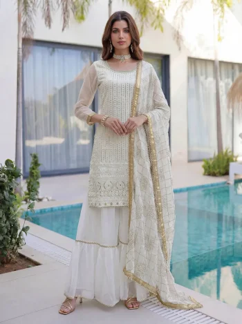 FANCY GEORGETTE EMBROIDERY SEQUENCE ZARI WORK TOP SHARARA WITH DUPATTA WHITE