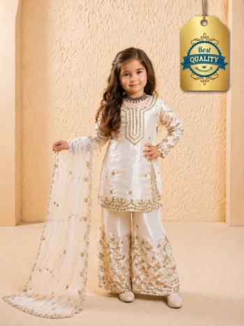 FANCY GMYS SILK EMBROIDERY 3 MM SEQUENCE & CODING DORI  WORK KID'S TOP PALAZZO WITH DUPATTA WHITE