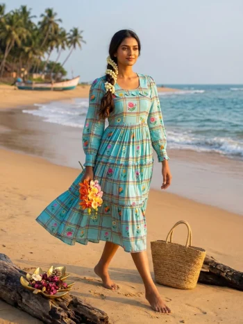 FANCY MUL CHANDERI CHECKS FLORAL PRINT WORK ONE PIECE DRESS SKY