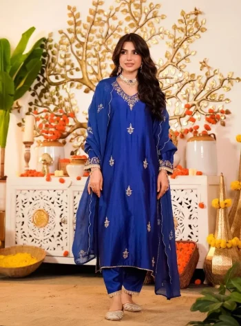 FANCY MUL CHANDERI SEQUENCE EMBROIDERY WORK TOP BOTTOM WITH DUPATTA BLUE