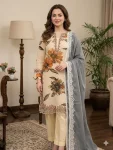 FANCY MUSLIN EMBROIDERY LACE WORK TOP PALAZZO WITH DUPATTA CREAM AND GREY