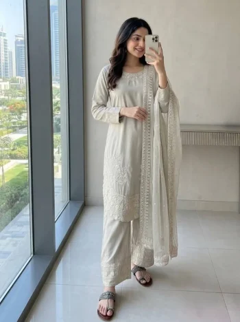 FANCY NATURAL CREPE EMBROIDERY 3 MM SEQUENCE WORK WITH CUTWORK TOP PATIYALA WITH DUPATTA OFF WHITE
