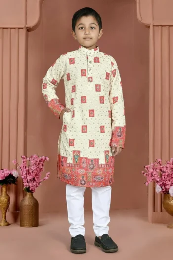 FANCY RAYON CHIKANKARI WORK KID'S KURTA PAYJAMA GAJARI