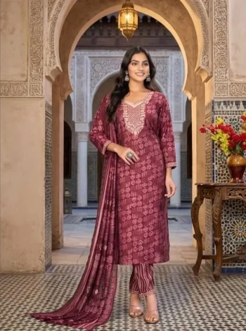 FANCY RAYON DIGITAL PRINT WORK TOP BOTTOM WITH DUPATTA WINE