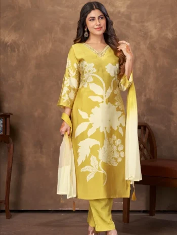 LATEST CHANDERI HANDWORK TOP BOTTOM WITH DUPATTA YELLOW