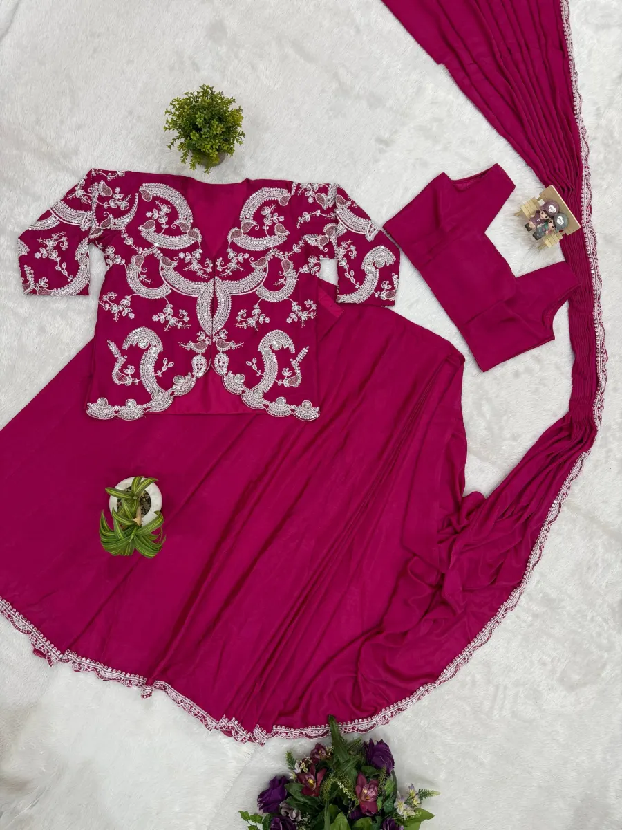 2MODERN CHINON EMBROIDERY WORK READY TO WEAR SAREE WITH STITCHED BLOUSE AND KOTI FESTIVE WEAR WHOLESALE PRICE ETHNIC GARMENT (17)