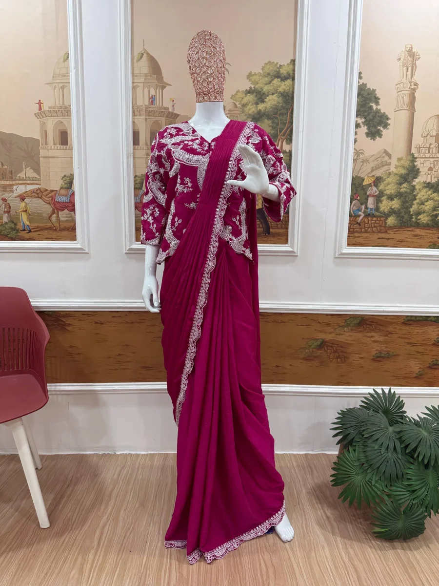 2MODERN CHINON EMBROIDERY WORK READY TO WEAR SAREE WITH STITCHED BLOUSE AND KOTI FESTIVE WEAR WHOLESALE PRICE ETHNIC GARMENT (21)