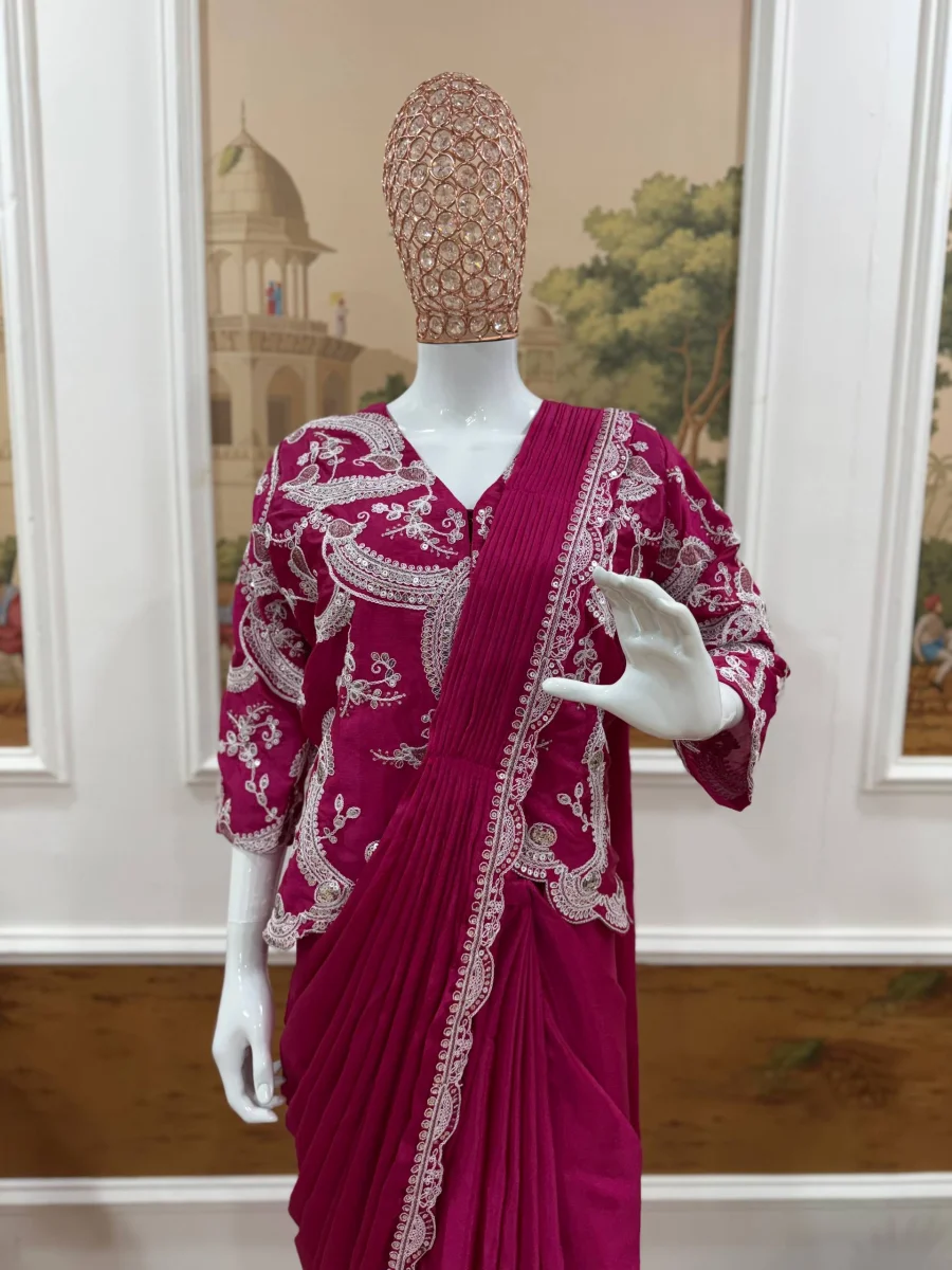 2MODERN CHINON EMBROIDERY WORK READY TO WEAR SAREE WITH STITCHED BLOUSE AND KOTI FESTIVE WEAR WHOLESALE PRICE ETHNIC GARMENT (23)