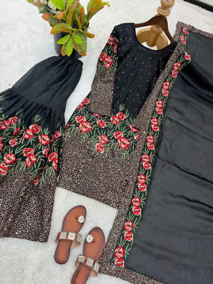 2MODERN FENDY SILK EMBROIDERY SEQUENCE WORK WITH HAND WORK TOP SHARARA WITH DUPATTA FESTIVE WEAR WHOLESALE PRICE ETHNIC GARMENT (21)