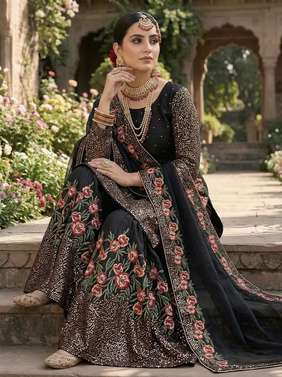 2MODERN FENDY SILK EMBROIDERY SEQUENCE WORK WITH HAND WORK TOP SHARARA WITH DUPATTA FESTIVE WEAR WHOLESALE PRICE ETHNIC GARMENT (24)