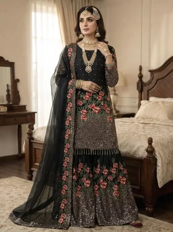 MODERN FENDY SILK EMBROIDERY SEQUENCE WORK WITH HAND WORK TOP SHARARA WITH DUPATTA BLACK