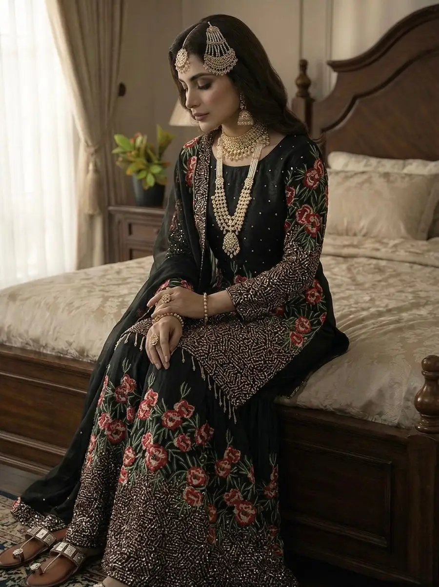 2MODERN FENDY SILK EMBROIDERY SEQUENCE WORK WITH HAND WORK TOP SHARARA WITH DUPATTA FESTIVE WEAR WHOLESALE PRICE ETHNIC GARMENT (27)