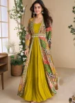 MODERN GEORGETTE PLAIN TOP WITH VICHITRA DHAGA + SEQUENCE EMBROIDERY WITH HAND WORK SHRUG YELLOW