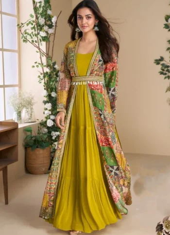 MODERN GEORGETTE PLAIN TOP WITH VICHITRA DHAGA + SEQUENCE EMBROIDERY WITH HAND WORK SHRUG YELLOW