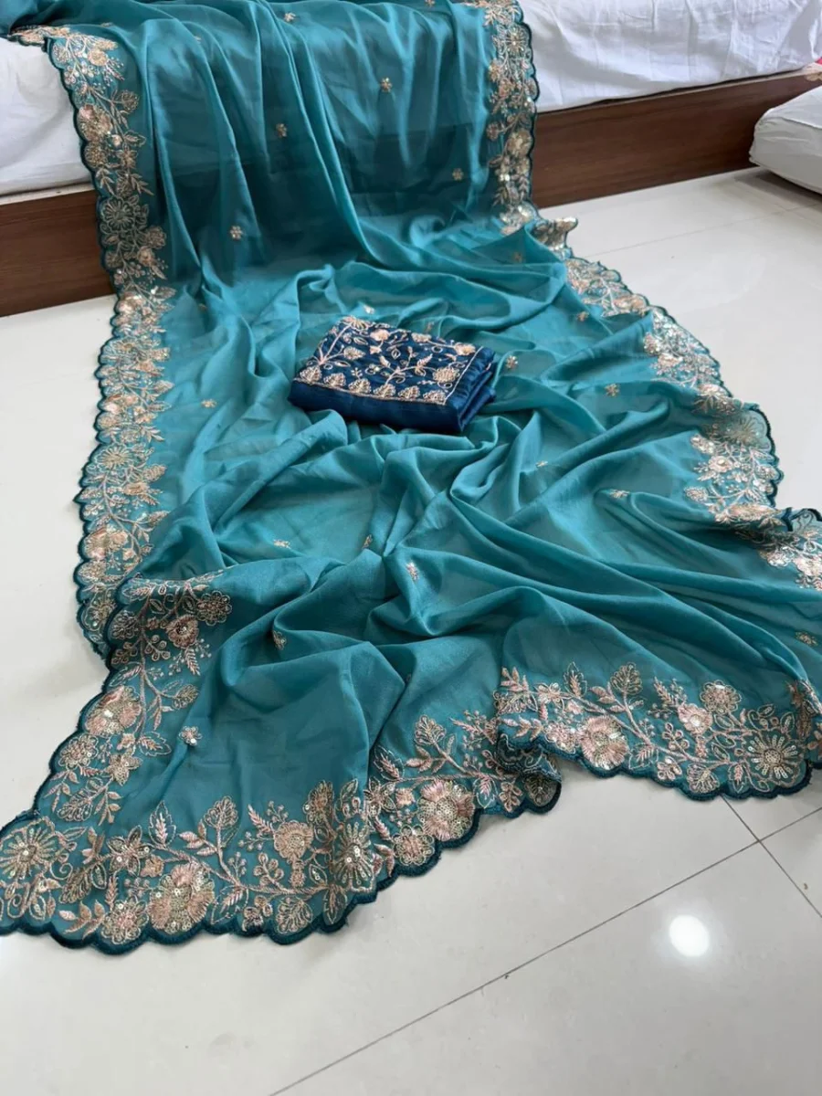 2MODERN GEORGETTE SEQUENCE WORK CUT WORK BORDER SAREE WITH UNSTITCHED BLOUSE WEDDING WEAR WHOLESALE PRICE ETHNIC GARMENT (5)