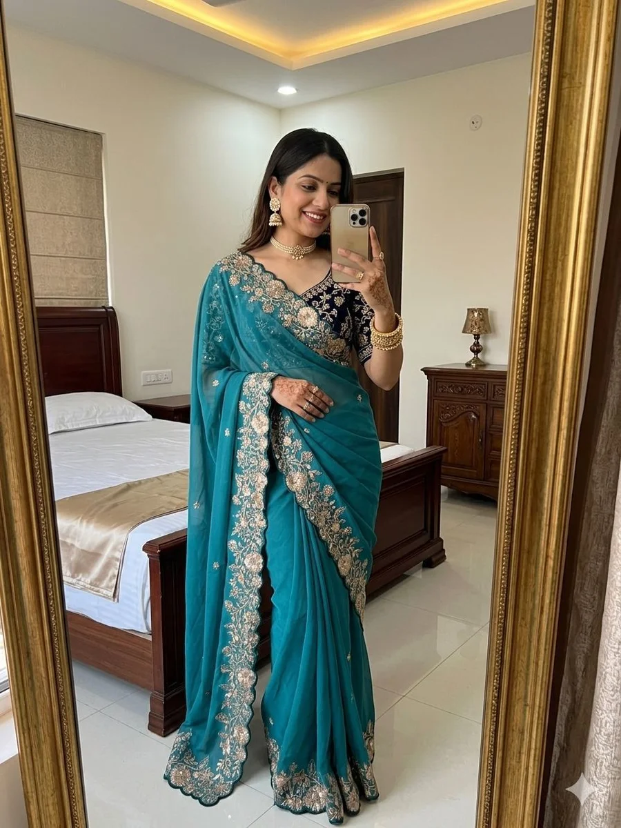 2MODERN GEORGETTE SEQUENCE WORK CUT WORK BORDER SAREE WITH UNSTITCHED BLOUSE WEDDING WEAR WHOLESALE PRICE ETHNIC GARMENT (6)