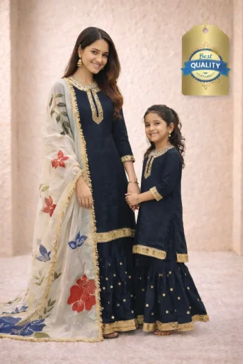 MODERN GMY SILK EMBROIDERY SEQUENCE WORK MOTHER DAUGHTER SET BLACK