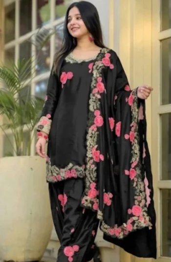 MODERN JAPAN SATIN EMBROIDERY SEQUENCE WORK TOP PATIYALA WITH DUPATTA BLACK