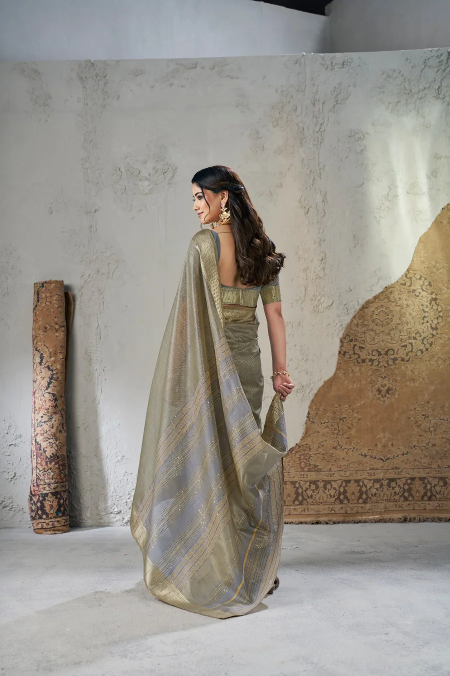 2MODERN LINENE COTTON SILK GOLD ZARI AND SELF DESIGN WORK SAREE WITH UNSTITCHED BLOUSE FESTIVE WEAR WHOLESALE PRICE ETHNIC GARMENT (26)