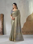 MODERN LINENE COTTON SILK GOLD ZARI AND SELF DESIGN WORK SAREE WITH UNSTITCHED BLOUSE GREY