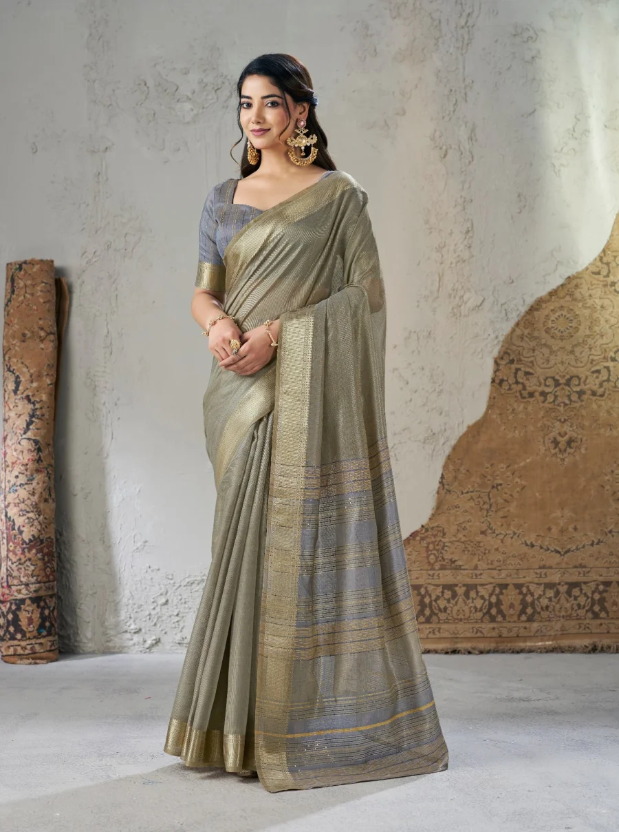 2MODERN LINENE COTTON SILK GOLD ZARI AND SELF DESIGN WORK SAREE WITH UNSTITCHED BLOUSE FESTIVE WEAR WHOLESALE PRICE ETHNIC GARMENT (27)