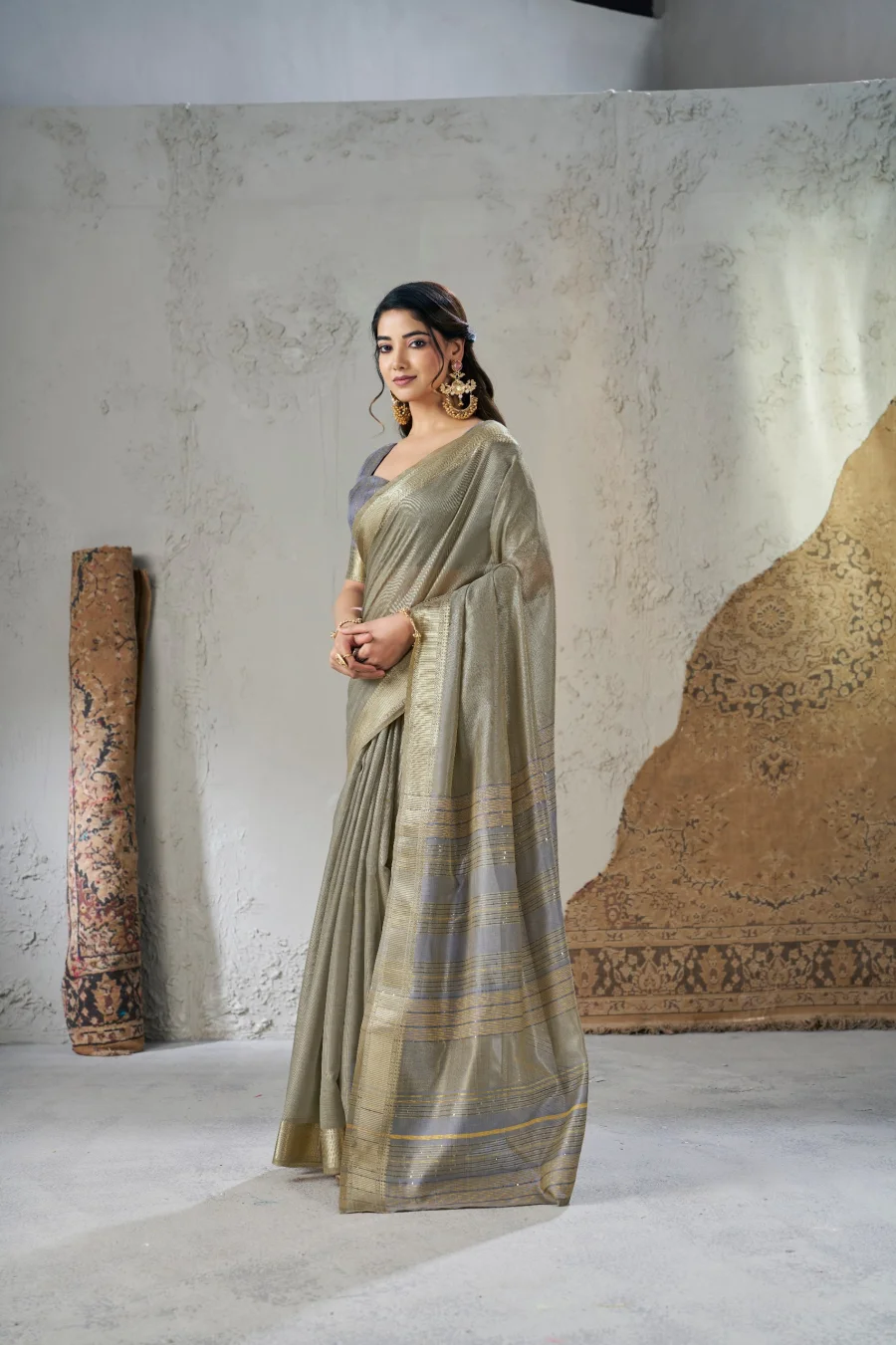 2MODERN LINENE COTTON SILK GOLD ZARI AND SELF DESIGN WORK SAREE WITH UNSTITCHED BLOUSE FESTIVE WEAR WHOLESALE PRICE ETHNIC GARMENT (29)