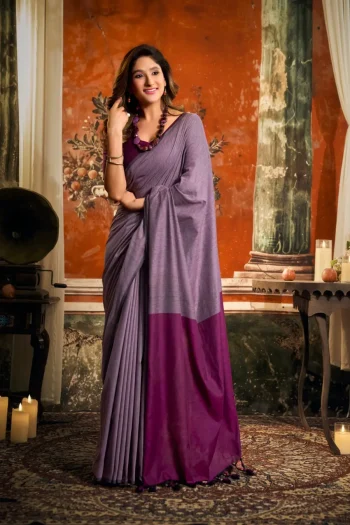MODERN MUL COTTON CONTRAST PALLU & FANCY TASSELS WORK SAREE WITH UNSTITCHED BLOUSE LAVENDER