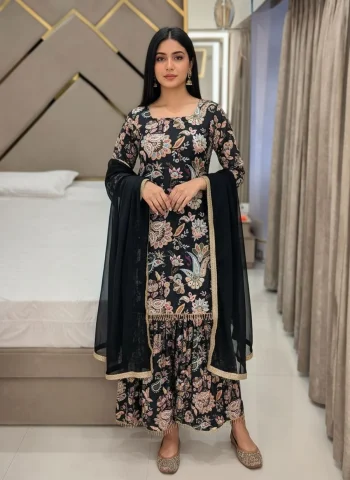 MODERN MUSLIN COTTON FLORAL DIGITAL PRINT & STONE WITH FANCY LATKAN LACE WORK TOP SHARARA WITH DUPATTA BLACK