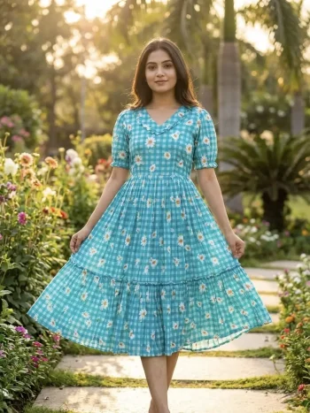 MODERN MUSLIN SILK GINGHAM PRINT WORK ONE PIECE DRESS SKY