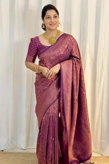 MOST PICKED LICHI SILK JACQUARD WORK SAREE WITH UNSTITCHED BLOUSE WINE