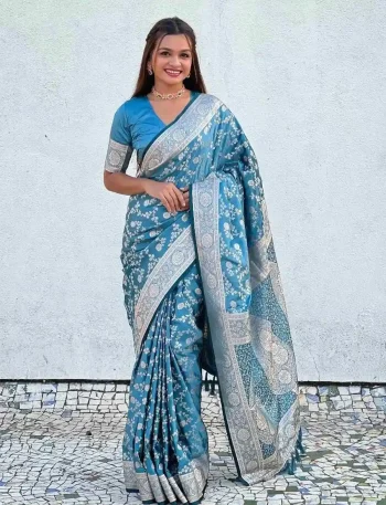 MOST PICKED LICHI SILK JACQUARD WORK SAREE WITH UNSTITCHED BLOUSE SKY