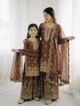 NEW ARRIVAL GMY SILK EMBROIDERY SEQUENCE WORK MOTHDER DAUGHTER SET CHIKU