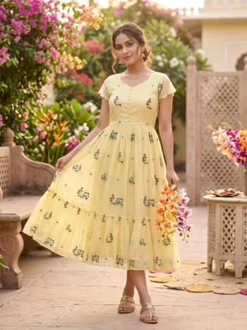 NEW ARRIVAL KOTA CHECKS EMBROIDERED WORK ONE PIECE DRESS LIGHT YELLOW