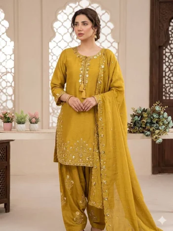 RICH LOOK CHINON SEQUENCE EMBROIDERY WORK TOP PATIYALA WITH DUPATTA YELLOW