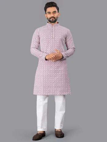 RICH LOOK COTTON CHIKANKARI EMBROIDERY WORK MEN'S KURTA PAYJAMA LAVENDER
