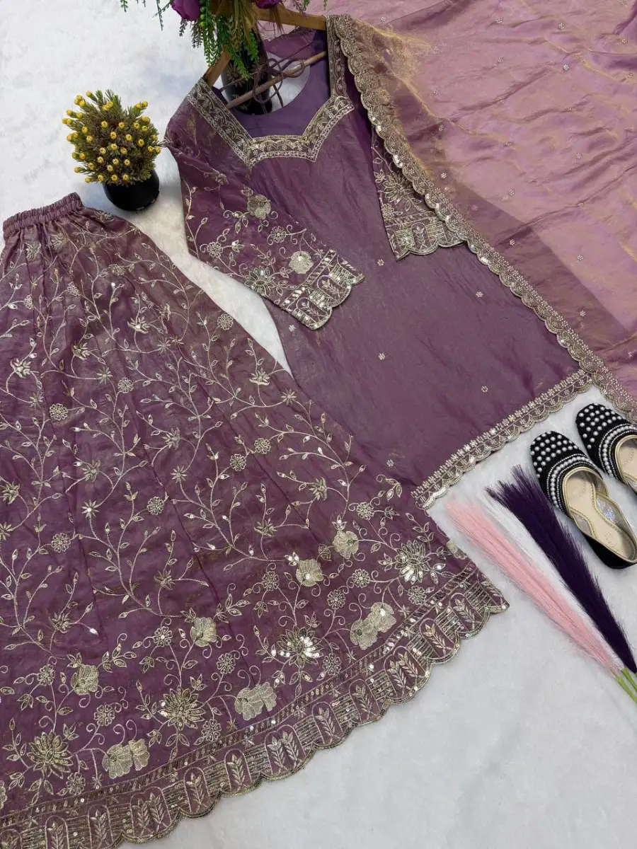 2RICH LOOK FENDY SILK THREAD WITH SEQUENCE EMBROIDERY, ZARI WORK TOP PALAZZO WITH DUPATTA FESTIVE WEAR WHOLESALE PRICE ETHNIC GARMENT (15)