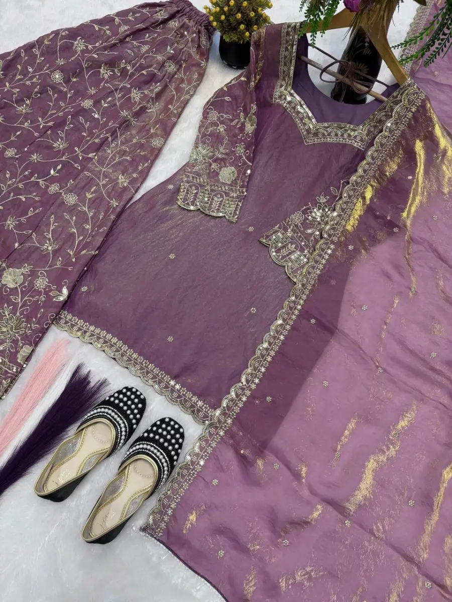 2RICH LOOK FENDY SILK THREAD WITH SEQUENCE EMBROIDERY, ZARI WORK TOP PALAZZO WITH DUPATTA FESTIVE WEAR WHOLESALE PRICE ETHNIC GARMENT (20)