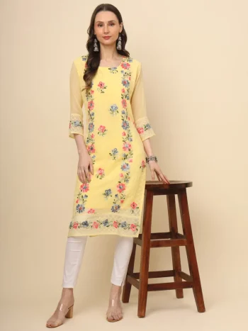 RICH LOOK GEORGETTE LUCKNOWI CHIKANKARI WORK ONLY KURTI YELLOW