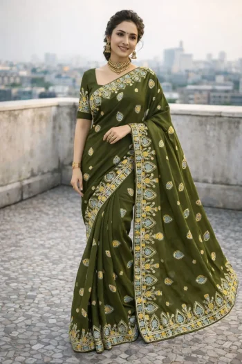 RICH LOOK GEORGETTE SILK THREAD WORK EMBROIDERY WITH PIPING BORDER WORK SAREE WITH UNSTITCHED BLOUSE MEHNDI
