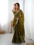 RICH LOOK JMC SILK THREAD & SEQUENCE EMBROIDERY WITH PIPING WORK SAREE WITH UNSTITCHED BLOUSE MEHNDI