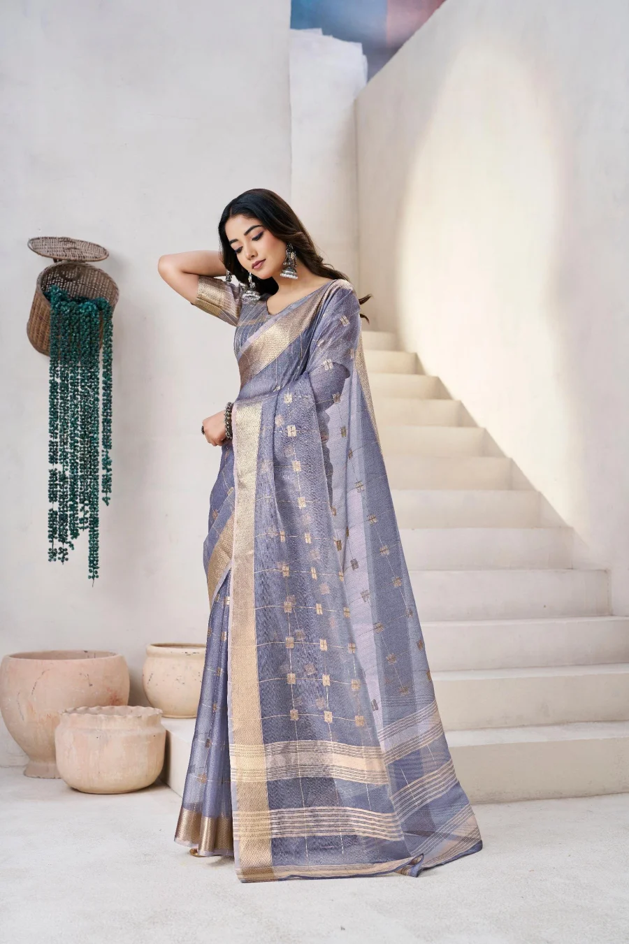 2RICH LOOK LINEN COTTON SILK GOLD ZARI AND SELF DESIGN WORK SAREE WITH UNSTITCHED BLOUSE FESTIVE WEAR WHOLESALE PRICE ETHNIC GARMENT (25)