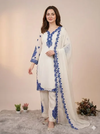 RICH LOOK MUL CHANDERI EMBROIDERY WORK TOP PALAZZO WITH DUPATTA WHITE AND BLUE