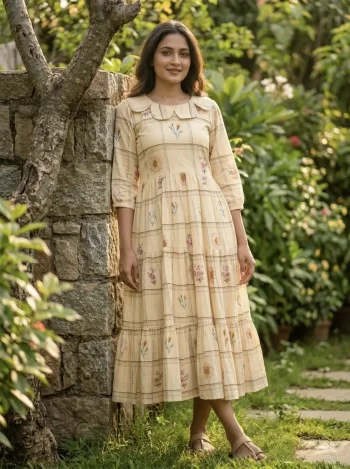 RICH LOOK MUSLIN SILK GINGHAM PRINT WORK ONE PIECE DRESS LIGHT YELLOW