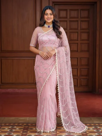 RICH LOOK NET BEADS ,SEQUENCE, PEARLS EMBROIDERY WORK SAREE WITH UNSTITCHED BLOUSE BABY PINK