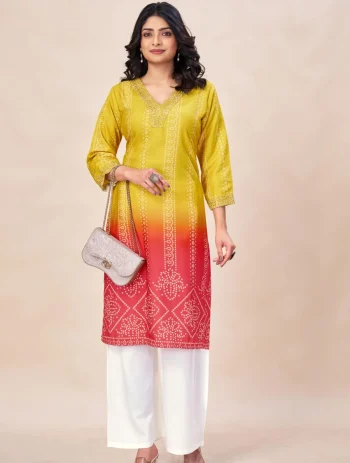 RICH LOOK RAYON SHADED BANDHANI PRINT WORK TOP PENT SET RED AND YELLOW