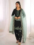 RICH LOOK ROMAN GLASS EMBROIDERY SEQUENCE WITH RIVET MOTI WORK TOP PATIYALA WITH DUPATTA BLACK AND GREEN