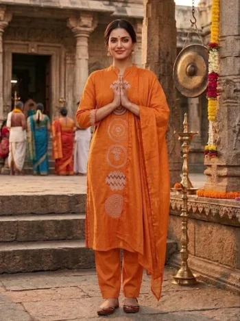 RICH LOOK SLUB COTTON EMBROIDERY WORK TOP BOTTOM WITH DUPATTA ORANGE