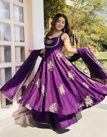 TRENDING FENDY SILK EMBROIDERY SEQUENCE WORK GOWN PALAZZO WITH DUPATTA PURPLE